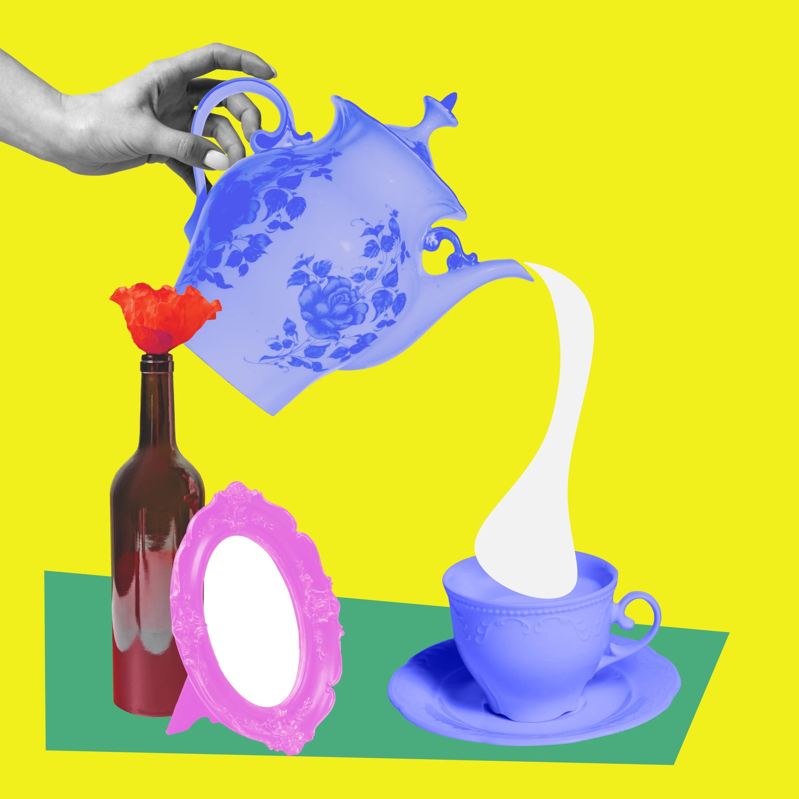 art walk istock image with tea, flower in vase and hand pouring tea from pot with a bright yellow background