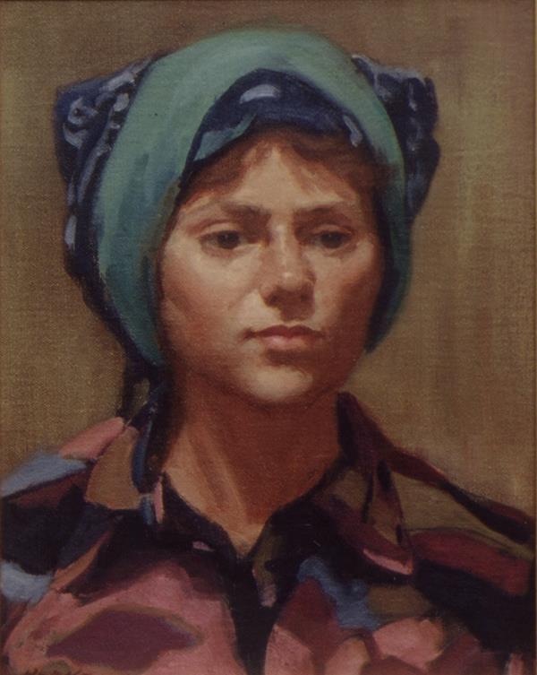 Dr Egmont Schmidt Memorial Collection: A Contemporary Lens. Artwork by Hanke Henry, portrait called Heidi depicting a young woman with blue headwear.